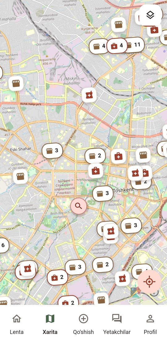 Mushukistan map with pet-service pins and clusters across Tashkent